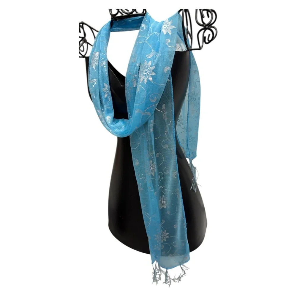 Blue Floral Womens Scarf Lightweight Sheer Wrap with Fringe 58x8‎